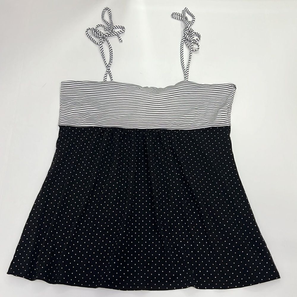 A’Gaci Women’s Black White Striped and Polka Dot Tie Strap Tank Top Size Large